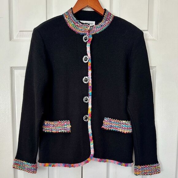 Vintage Cardigan Sweater The Michael Collection Black Rainbow Boucle Trim Size M - Picture 1 of 7